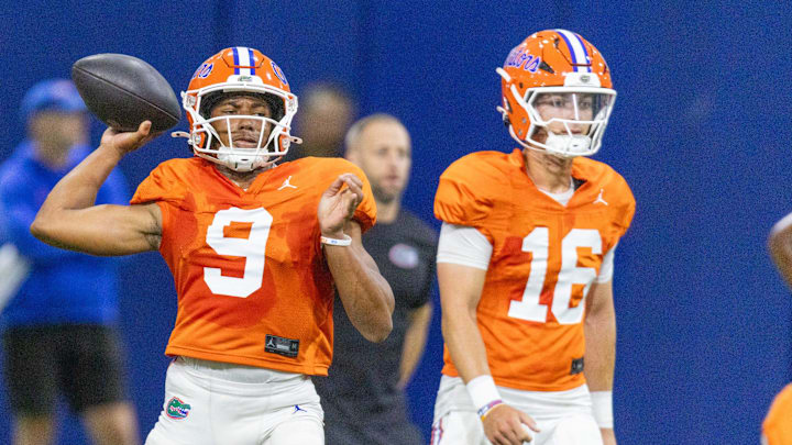 Florida quarterback Tramell Jones Jr. (9) passes during spring practice at Sanders Practice Fields in Gainesville, FL on Tuesday, April 7, 2026. [Alan Youngblood/Gainesville Sun]