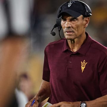 Arizona State Sun Devils head coach Herm Edwards walks the sidelines as his team plays the Eastern Michigan Eagles at Sun Devil Stadium in Tempe on Sept. 17, 2022.