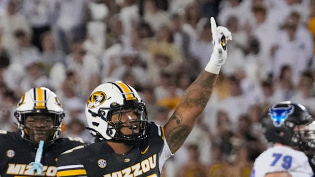 Sep 7, 2024; Columbia, Missouri, USA; Missouri Tigers defensive end Jahkai Lang (52) celebrates after sacking Buffalo Bulls q