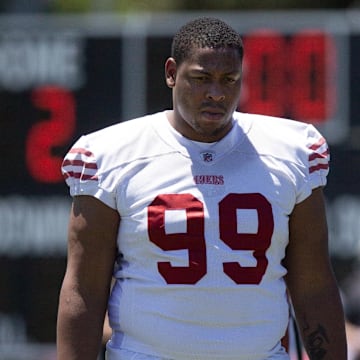 May 9, 2025; Santa Clara, CA, USA; San Francisco 49ers second-round draft pick Alfred Collins (99) watches his teammates work out during the teamís rookie minicamp. Mandatory Credit: D. Ross Cameron-Imagn Images
