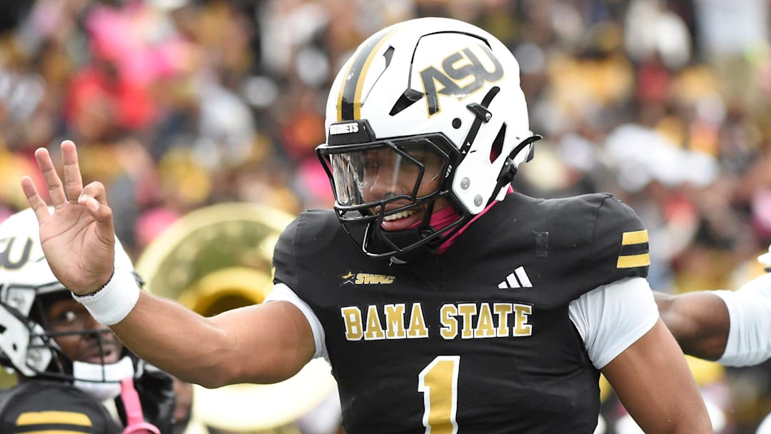 Alabama State quarterback Andrew Body (1) celebrates hish ruching touchdown against Alabama A&M during the Magic City Classic at Legion Field in Birmingham, Ala., on Saturday October 25, 2025.