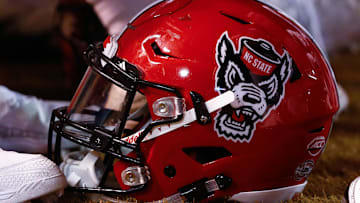 Nov 18, 2017; Winston-Salem, NC, USA; A North Carolina State Wolfpack helmet lays on the sidelines during the game against the Wake Forest Demon Deacons at BB&T Field. Mandatory Credit: Jeremy Brevard-Imagn Images