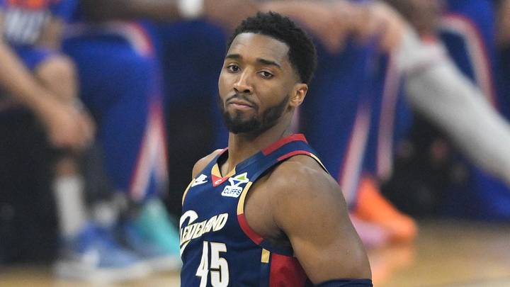 May 25, 2026; Cleveland, Ohio, USA; Cleveland Cavaliers guard Donovan Mitchell (45) reacts in the first quarter against New York Knicks during game four of the eastern conference finals for the 2026 NBA playoffs at Rocket Arena. Mandatory Credit: David Richard-Imagn Images