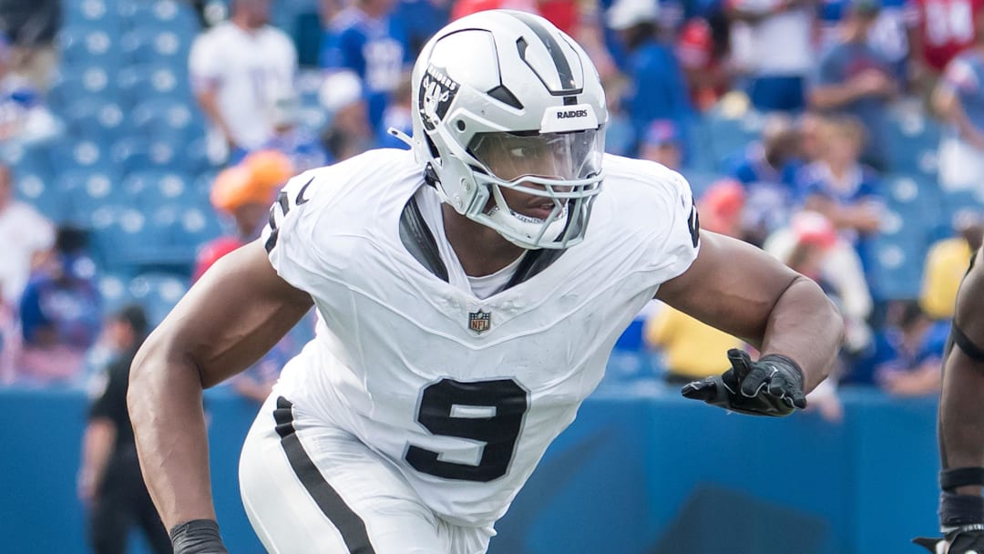 Sep 17, 2023; Orchard Park, New York, USA; Las Vegas Raiders defensive end Tyree Wilson (9) rushes against the Buffalo Bills in the fourth quarter at Highmark Stadium. Mandatory Credit: Mark Konezny-Imagn Images