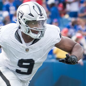 Sep 17, 2023; Orchard Park, New York, USA; Las Vegas Raiders defensive end Tyree Wilson (9) rushes against the Buffalo Bills in the fourth quarter at Highmark Stadium. Mandatory Credit: Mark Konezny-Imagn Images
