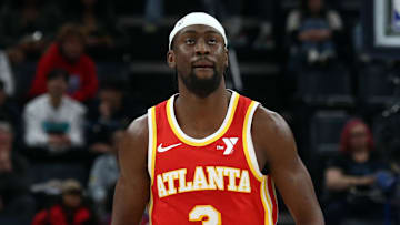 Mar 3, 2025; Memphis, Tennessee, USA; Atlanta Hawks guard Caris LeVert (3) reacts after a basket during the fourth quarter against the Memphis Grizzlies at FedExForum. Mandatory Credit: Petre Thomas-Imagn Images