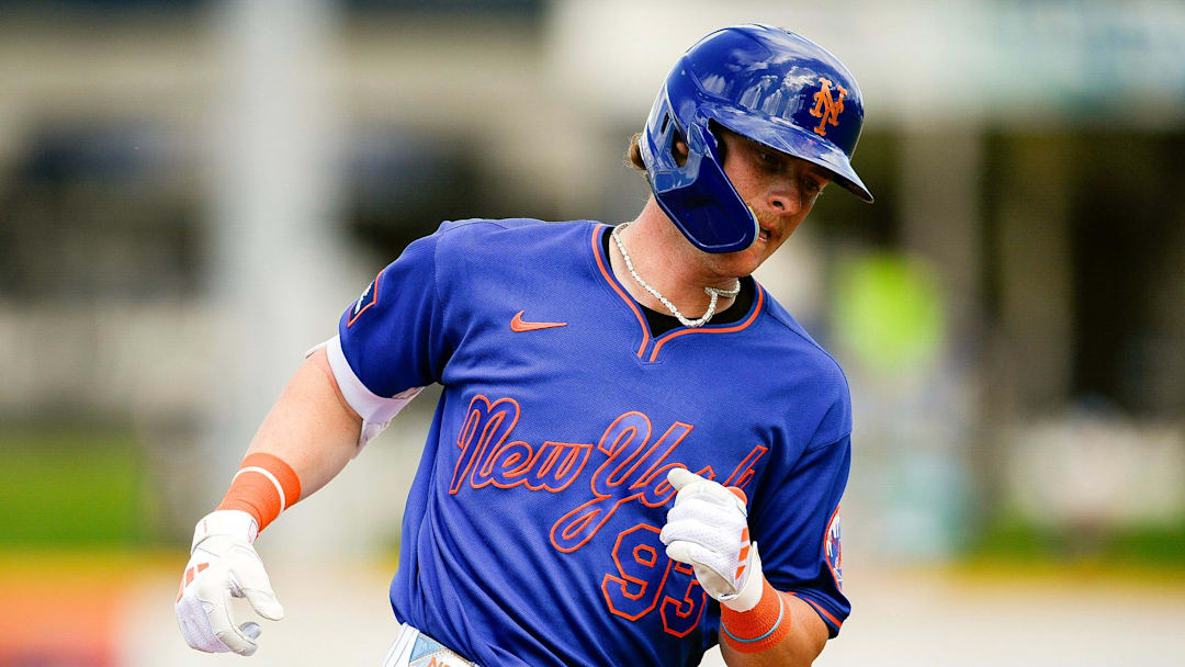 The New York Mets' Carson Benge rounds the bases after hitting a home run against Israel in a spring training game, March 4, 2026, at Clover Park in Port St. Lucie. Mets won 5-2.