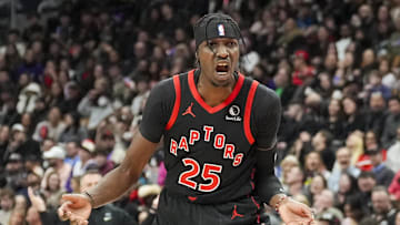 Feb 21, 2025; Toronto, Ontario, CAN; Toronto Raptors forward Chris Boucher (25) reacts during a NBA game against the Miami Heat at Scotiabank Arena. Mandatory Credit: Kevin Sousa-Imagn Images