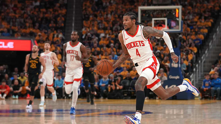 May 2, 2025; San Francisco, California, USA; Houston Rockets guard Jalen Green (4) dribbles the ball against the Golden State Warriors in the second quarter of game six of the first round for the 2025 NBA Playoffs at Chase Center. Mandatory Credit: Cary Edmondson-Imagn Images