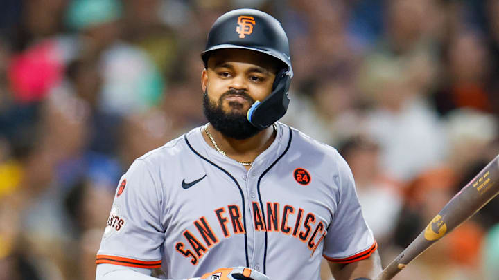 Sep 6, 2024; San Diego, California, USA; San Francisco Giants left fielder Heliot Ramos (17) reacts after flying out to left field during the fifth inning at Petco Park. Mandatory Credit: David Frerker-Imagn Images