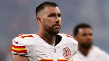 [US, Mexico & Canada customers only] Sep 5, 2025; Sao Paulo, BRAZIL; Kansas City Chiefs tight end Travis Kelce (87) looks dejected after a NFL game against the Los Angeles Chargers at Corinthians Arena. Mandatory Credit: Jean Carniel/Reuters via Imagn Images