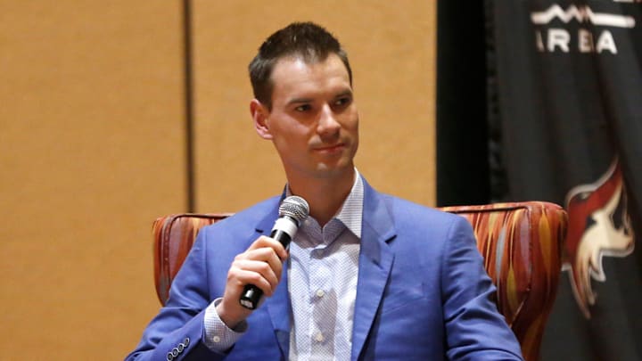 Coyotes GM John Chayka answers questions from Matt McConnell (R) at Renaissance Phoenix Glendale Hotel & Spa in Glendale, Ariz. on June 28, 2019. 

Coyotes