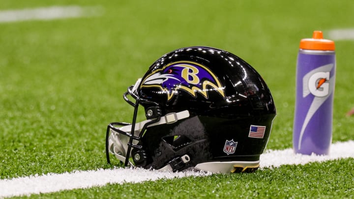 Nov 7, 2022; New Orleans, Louisiana, USA; General view of the Baltimore Ravens helmet during warm ups before the game against the New Orleans Saints at Caesars Superdome. Mandatory Credit: Stephen Lew-USA TODAY Sports