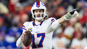 Jan 26, 2025; Kansas City, MO, USA; Buffalo Bills quarterback Josh Allen (17) reacts against the Kansas City Chiefs.