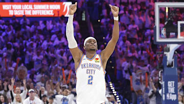 Apr 20, 2025; Oklahoma City, Oklahoma, USA; Oklahoma City Thunder guard Shai Gilgeous-Alexander (2) celebrates after scoring against the Memphis Grizzlies during the second quarter at Paycom Center. Mandatory Credit: Alonzo Adams-Imagn Images