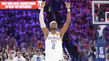 Apr 20, 2025; Oklahoma City, Oklahoma, USA; Oklahoma City Thunder guard Shai Gilgeous-Alexander (2) celebrates after scoring against the Memphis Grizzlies during the second quarter at Paycom Center. Mandatory Credit: Alonzo Adams-Imagn Images