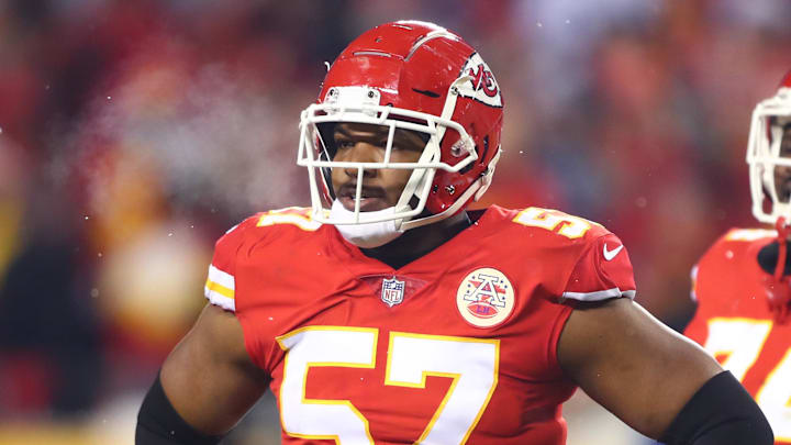 Jan 12, 2019; Kansas City, MO, USA; Kansas City Chiefs linebacker Breeland Speaks (57) against the Indianapolis Colts during the AFC Divisional playoff football game at Arrowhead Stadium. Mandatory Credit: Mark J. Rebilas-USA TODAY Sports
