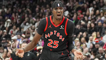 Feb 21, 2025; Toronto, Ontario, CAN; Toronto Raptors forward Chris Boucher (25) reacts during a NBA game against the Miami Heat at Scotiabank Arena. Mandatory Credit: Kevin Sousa-Imagn Images