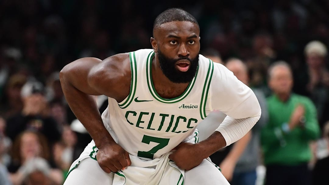 Apr 19, 2026; Boston, Massachusetts, USA; Boston Celtics guard Jaylen Brown (7) on defense in the second half during game one of the first round of the 2026 NBA Playoffs against the Philadelphia 76ers at TD Garden. Mandatory Credit: Bob DeChiara-Imagn Images