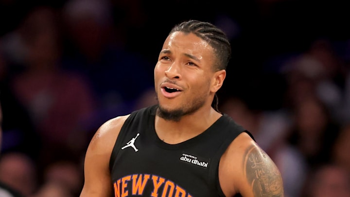 Jan 27, 2026; New York, New York, USA; New York Knicks guard Miles McBride (2) reacts during the second quarter against the Sacramento Kings at Madison Square Garden. Mandatory Credit: Brad Penner-Imagn Images