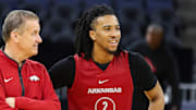 Arkansas Razorbacks coach John Calipari and guard Boogie Fland at practice at the Chase Center in San Francisco, Calif., on Wednesday.