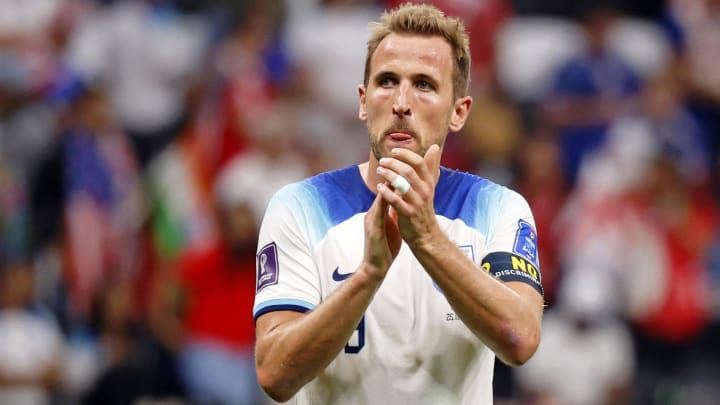 Nov 25, 2022; Al Khor, Qatar; England forward Harry Kane (9) acknowledges fans after a group stage match against the United States of America during the 2022 World Cup at Al Bayt Stadium. Mandatory Credit: Yukihito Taguchi-USA TODAY Sports