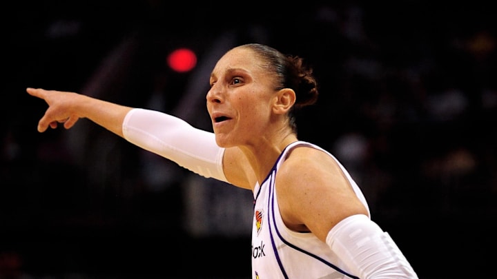 Aug 26, 2010; Phoenix, AZ, USA; Phoenix Mercury guard Diana Taurasi (3) reacts on the court while playing the San Antonio Silver Stars during the first half in game one of the western conference semi-finals in the 2010 WNBA playoffs at US Airways Center.  Mandatory Credit: Jennifer Stewart-Imagn Images