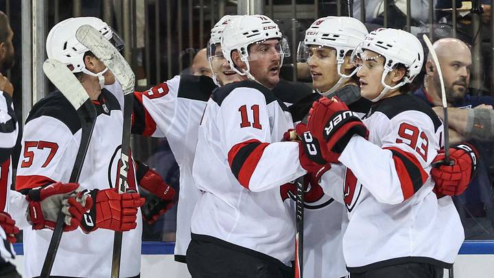 Sep 24, 2026; New York, New York, USA;  New Jersey Devils forward Amadeus Lombardi (93) celebrates with his teammates after scoring a goal in the third period against the New York Rangers at Madison Square Garden.  Mandatory Credit: Wendell Cruz-Imagn Images