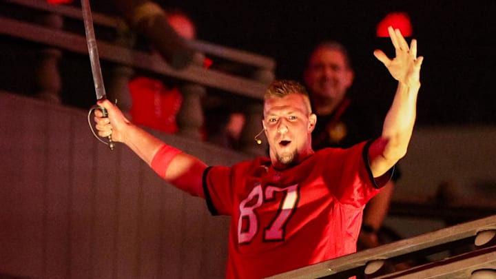 Oct 21, 2024; Tampa, Florida, USA; Rob Gronkowski former NFL tight end entertains the fans during a Monday Night Football game between the Baltimore Ravens and Tampa Bay Buccaneers at Raymond James Stadium. Mandatory Credit: Nathan Ray Seebeck-Imagn Images