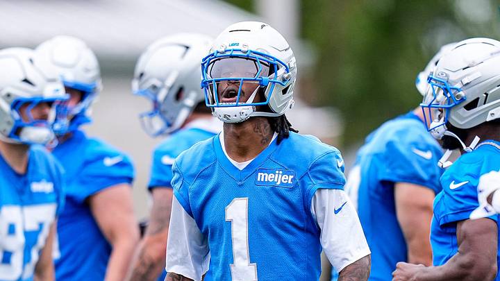 Detroit Lions wide receiver Jameson Williams (1), center, practices during mini camp at Meijer Performance Center in Allen Park on Wednesday, June 17, 2026.