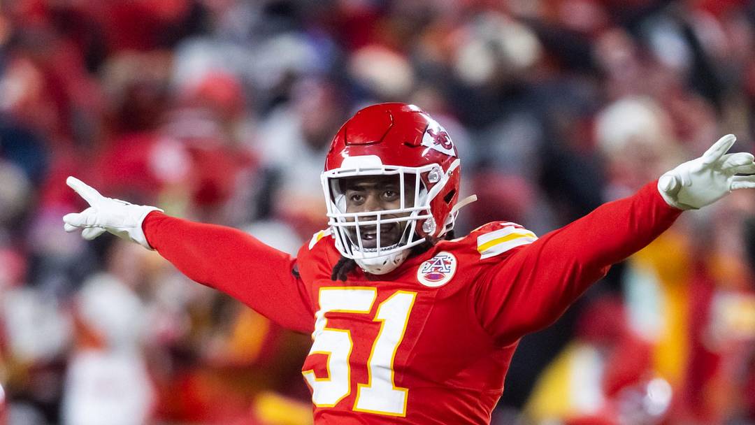 Kansas City Chiefs defensive end Mike Danna (51) celebrates against the Buffalo Bills in the AFC Championship game.