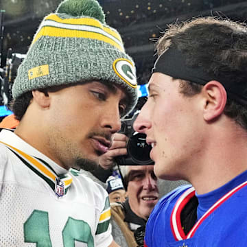 Green Bay Packers quarterback Jordan Love and New York Giants QB Tommy DeVito greet each other after their game in 2023.