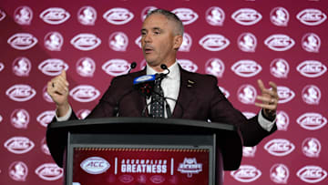 Jul 23, 2025; Charlotte, NC, USA; Florida State head coach Mike Norvell answers questions from the media during ACC Media days at Hilton Charlotte Uptown. Mandatory Credit: Jim Dedmon-Imagn Images