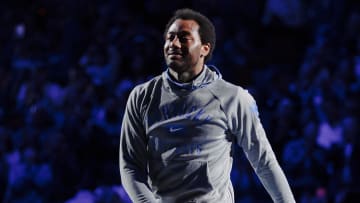 Nov 28, 2023; Lexington, Kentucky, USA; Former Kentucky Wildcats and NBA player John Wall is recognized during the second half between the Kentucky Wildcats and the Miami (Fl) Hurricanes at Rupp Arena at Central Bank Center. Mandatory Credit: Jordan Prather-USA TODAY Sports