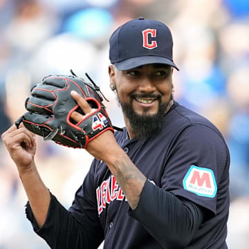 Sep 2, 2024; Kansas City, Missouri, USA; Cleveland Guardians relief pitcher Emmanuel Clase (48) reacts after defeating the Kansas City Royals at Kauffman Stadium.