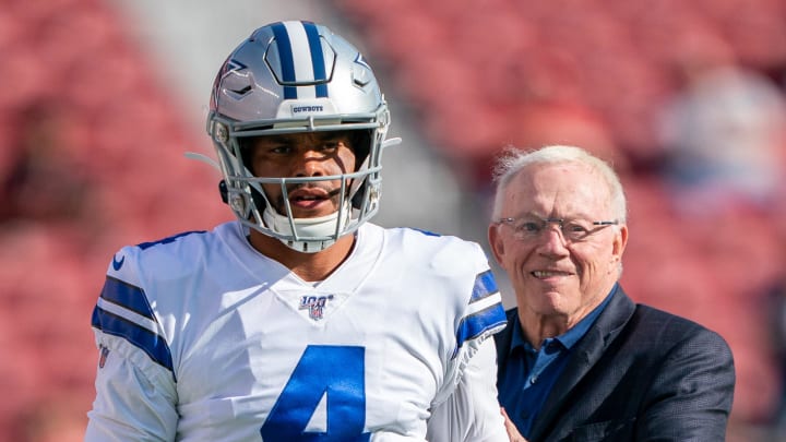 August 10, 2019; Santa Clara, CA, USA; Dallas Cowboys quarterback Dak Prescott (4) and owner Jerry Jones (right) before the game against the San Francisco 49ers at Levi's Stadium. 