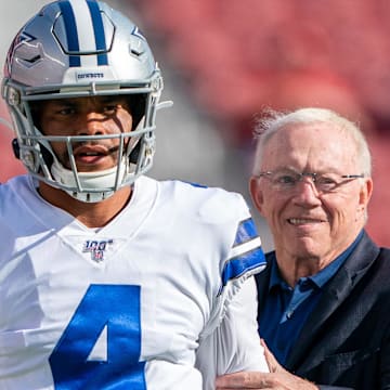 August 10, 2019; Santa Clara, CA, USA; Dallas Cowboys quarterback Dak Prescott (4) and owner Jerry Jones (right) before the game against the San Francisco 49ers at Levi's Stadium. 