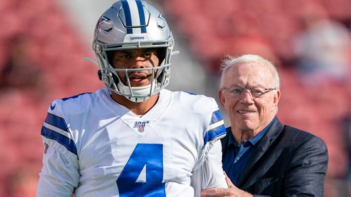 August 10, 2019; Santa Clara, CA, USA; Dallas Cowboys quarterback Dak Prescott (4) and owner Jerry Jones (right) before the game against the San Francisco 49ers at Levi's Stadium. 