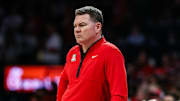 Nov 7, 2025; Tucson, Arizona, USA; Arizona Wildcats head coach Tommy Lloyd watches the game from the sidelines during the first half of the game against the Utah Tech Trailblazers at McKale Memorial Center. Mandatory Credit: Aryanna Frank-Imagn Images
