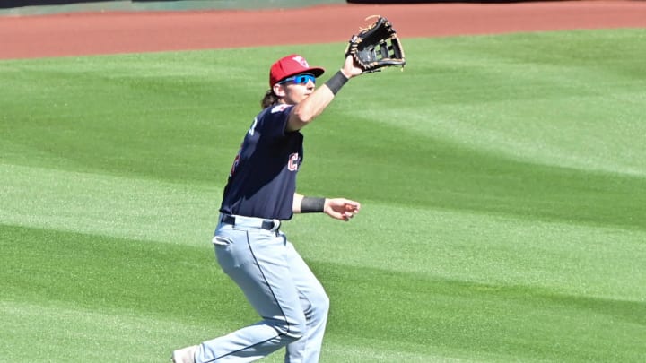 Feb 29, 2024; Tempe, Arizona, USA;  Cleveland Guardians right fielder Chase DeLauter (6) catches a fly ball in the third inning against the Los Angeles Angels during a spring training game at Tempe Diablo Stadium. Mandatory Credit: Matt Kartozian-USA TODAY Sports