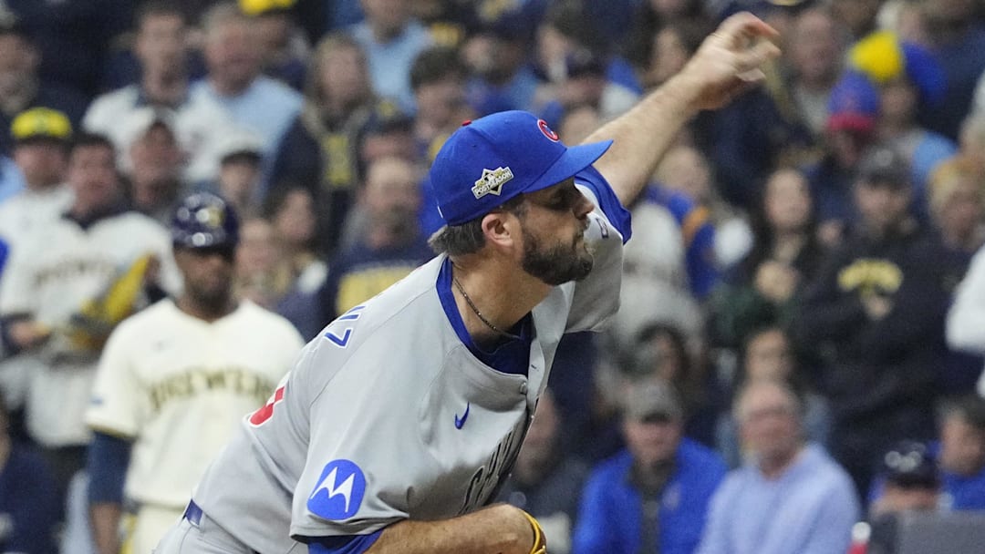 Oct 11, 2025; Milwaukee, Wisconsin, USA; Chicago Cubs pitcher Drew Pomeranz (45) pitches against the Milwaukee Brewers in the first inning during game five of the NLDS round for the 2025 MLB playoffs at American Family Field. Mandatory Credit: Michael McLoone-Imagn Images