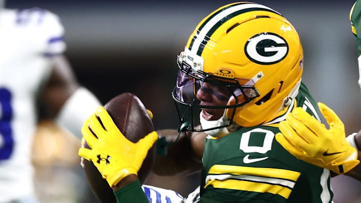 Green Bay Packers wide receiver Matthew Golden (0) makes a catch against Dallas Cowboys. Green Bay Packers wide receiver Matthew Golden (0) makes a catch against Dallas Cowboys.