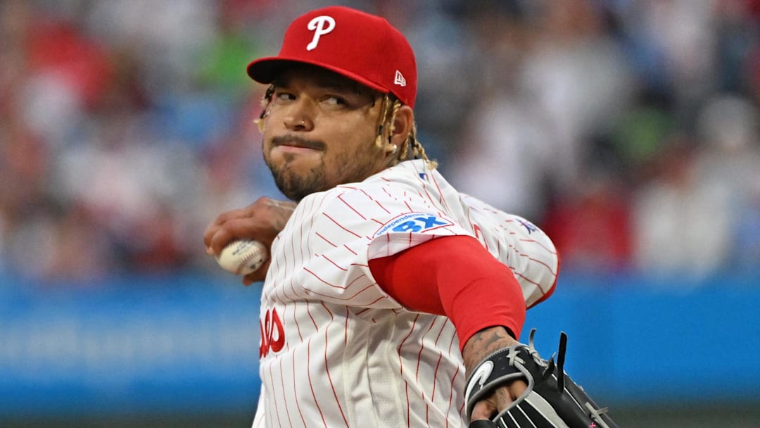 Mar 30, 2026; Philadelphia, Pennsylvania, USA; Philadelphia Phillies pitcher Taijuan Walker (99) throws a pitch against the Washington Nationals during the first inning at Citizens Bank Park. Mandatory Credit: Eric Hartline-Imagn Images