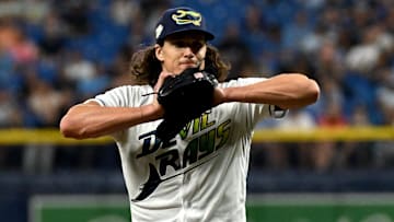 Sep 22, 2023; St. Petersburg, Florida, USA; Tampa Bay Rays pitcher Tyler Glasnow (20) reacts after