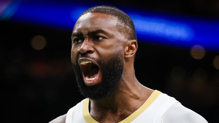 Celtics forward Jaylen Brown reacts during game against the Nuggets. 