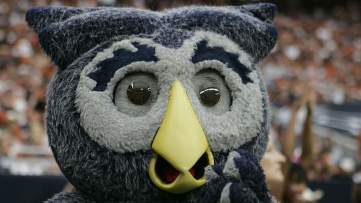 Rice Owls mascot in action against the Texas Longhorns in the second quarter at Reliant Stadium. Rice Owls mascot in action against the Texas Longhorns in the second quarter at Reliant Stadium.