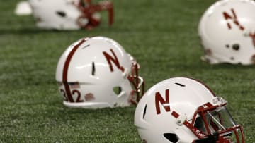 Nebraska Cornhuskers helmets on the field before a game against the