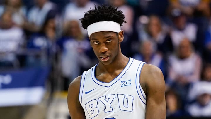 BYU Cougars forward AJ Dybantsa (3) looks on during the second half against the Colorado Buffaloes at the Marriott Center.