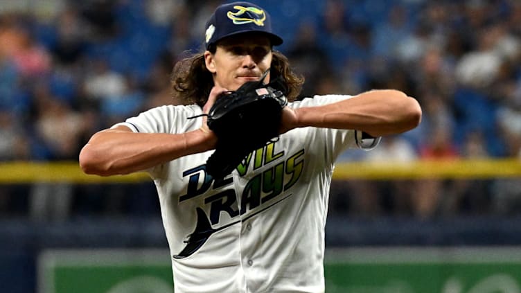 Sep 22, 2023; St. Petersburg, Florida, USA; Tampa Bay Rays pitcher Tyler Glasnow (20) reacts after