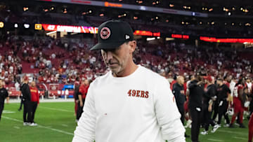 Jan 5, 2025; Glendale, Arizona, USA; San Francisco 49ers head coach Kyle Shanahan reacts after losing to the Arizona Cardinals at State Farm Stadium. Mandatory Credit: Mark J. Rebilas-Imagn Images